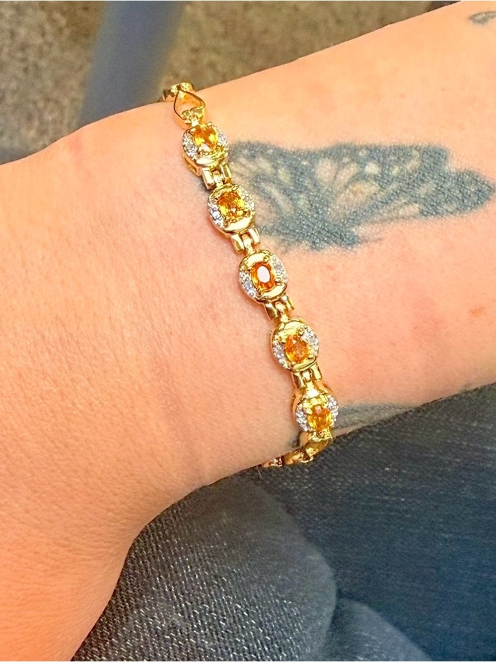 18K Gold Over Sterling Silver Orange AA Sapphire & Diamond Bracelet 7.25”